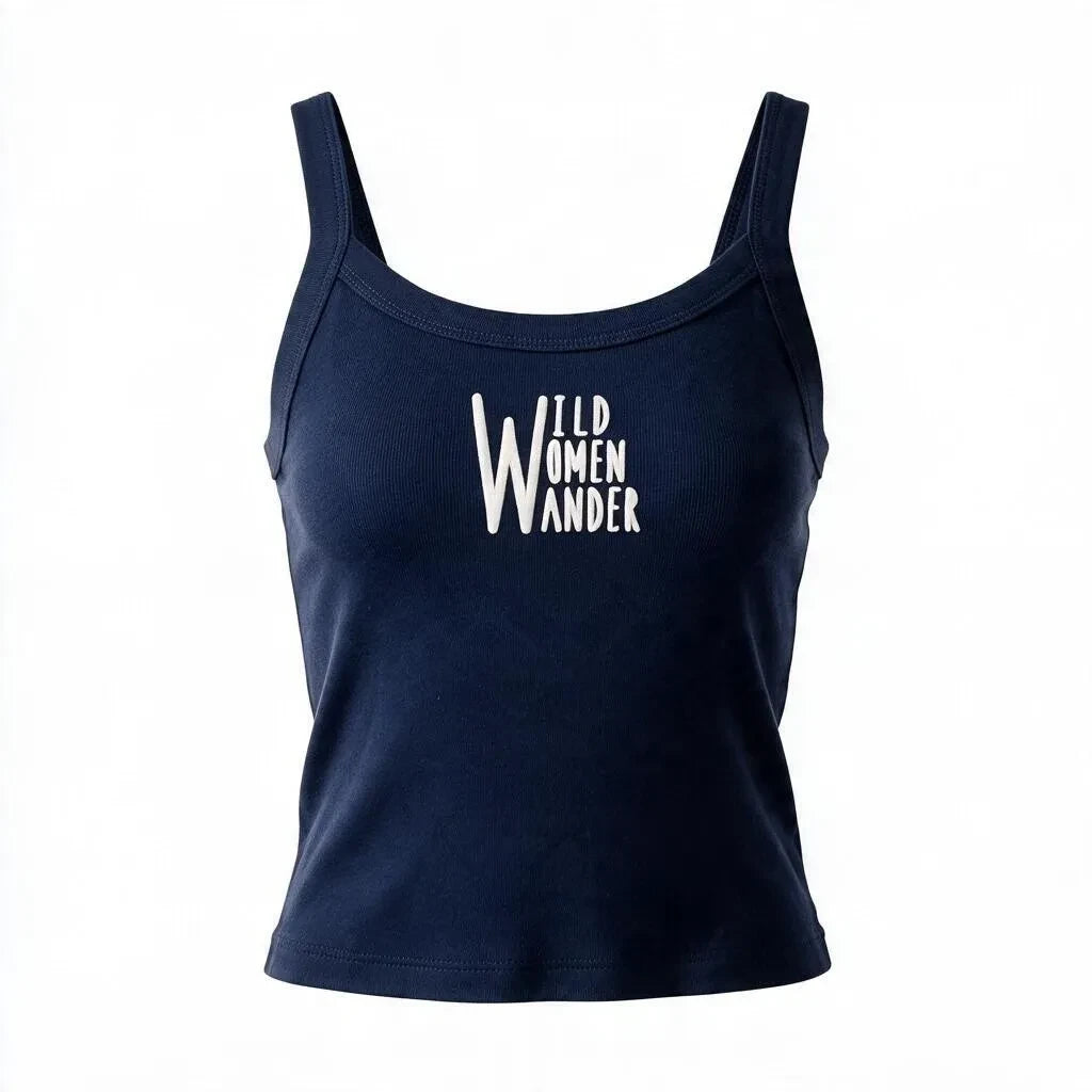 Navy blue Wild Women Wander cotton tank top with white graphic print on the chest.